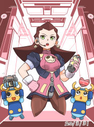 Rule 34 | 1girl, adapted costume, breasts, brown hair, capcom, cropped legs, crotch plate, dated, earrings, gloves, green eyes, hair pulled back, hand on own hip, heart, highres, holding, jewelry, medium breasts, mega man (series), mega man legends (series), microphone, open mouth, pantyhose, pink gloves, puffy short sleeves, puffy sleeves, robot, servbot (mega man), short sleeves, sub-tank, tron bonne (mega man), ttugi 14