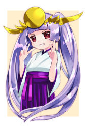 Rule 34 | 1girl, brown background, double v, grin, hakama, hakama skirt, hands up, headpiece, highres, japanese clothes, kimono, long hair, long sleeves, pikomarie, purple hair, purple hakama, puzzle &amp; dragons, red eyes, skirt, smile, solo, twintails, two-tone background, v, v-shaped eyebrows, very long hair, white background, white kimono, wide sleeves, yomi (p&amp;d)