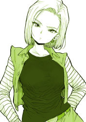 Rule 34 | 1girl, android 18, breasts, collarbone, denim, dragon ball, dragonball z, earrings, head tilt, jacket, jewelry, large breasts, long sleeves, looking at viewer, monochrome, ponsuke (pon00000), shirt, short hair, simple background, skirt, solo