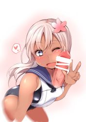 Rule 34 | 10s, 1girl, ;d, bent over, blonde hair, blue eyes, blush, censored, cheek squash, crop top, flower, hair flower, hair ornament, heart, heart-shaped pupils, highres, kantai collection, long hair, one-piece swimsuit, one-piece tan, one eye closed, open mouth, penis, penis on face, ro-500 (kancolle), sacha, school swimsuit, school uniform, serafuku, smile, solo focus, spoken heart, sweatdrop, swimsuit, symbol-shaped pupils, tan, tanline, tareme, tongue, veins, veiny penis, very long hair