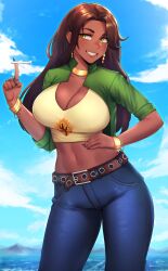 Rule 34 | 1girl, absurdres, aircraft, airplane, belt, belt buckle, bracelet, breasts, brown hair, buckle, cleavage, cloud, commission, cowboy shot, dark-skinned female, dark skin, day, denim, earrings, giant, giantess, green eyes, hand on own hip, highres, jeans, jewelry, koarujpg, large breasts, long hair, midriff, mole, mole under mouth, mountain, nachelle (strykewitch), navel, original, outdoors, pants, smile, solo, teeth