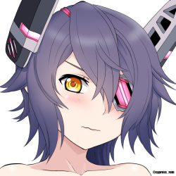 Rule 34 | 1girl, blush, closed mouth, collarbone, cypress, eyepatch, hair between eyes, headgear, kantai collection, looking at viewer, portrait, purple hair, short hair, simple background, solo, tenryuu (kancolle), twitter username, wavy mouth, white background, yellow eyes