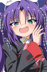 Rule 34 | +++, 1girl, :d, aqua eyes, black jacket, blue ribbon, blush, commentary, fang, frilled ribbon, frills, hand up, highres, jacket, laughing, little busters!, little busters! school uniform, long hair, long ribbon, long sleeves, looking at viewer, ojou-sama pose, open mouth, parted bangs, purple hair, ribbon, sasasegawa sasami, school uniform, silky (silky illust), simple background, skin fang, smile, smirk, solo, tsurime, upper body, white background