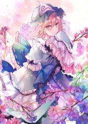 Rule 34 | 1girl, back bow, blue bow, blue bowtie, blue garter, blue hat, blue kimono, bow, bowtie, branch, bud, bug, butterfly, cherry blossoms, closed mouth, collar, commentary request, flower, frilled bow, frilled collar, frilled garter, frilled hat, frilled kimono, frilled sleeves, frills, hand on own chin, hat, insect, japanese clothes, kazu (muchuukai), kimono, light smile, long sleeves, looking ahead, mob cap, orange background, outdoors, pink eyes, pink flower, pink hair, ribbon-trimmed bow, ribbon-trimmed collar, ribbon trim, saigyouji yuyuko, see-through veil, short hair, sleeve bow, sleeve garter, sleeves past fingers, sleeves past wrists, solo, spiral print, touhou, triangular headpiece, waist bow, white collar, white veil, wide sleeves