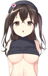 Rule 34 | 1girl, absurdres, alternate breast size, arms at sides, bad id, bad pixiv id, bare arms, bare shoulders, beret, black sweater, blush, breasts, brown eyes, brown hair, commentary, crop top, earrings, hair between eyes, hat, highres, idolmaster, idolmaster cinderella girls, jewelry, large breasts, long hair, looking at viewer, medium breasts, mole, mole under eye, navel, okappa (bobbed001), parted lips, ribbed sweater, sharp teeth, sidelocks, simple background, sleeveless, sleeveless turtleneck, solo, sunazuka akira, sweater, teeth, triangle earrings, turtleneck, twintails, underboob, upper body, white background
