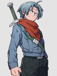 Rule 34 | 1boy, belt, black pants, blue eyes, blue hair, blue jacket, buttons, closed mouth, dragon ball, dragon ball super, grey background, jacket, kemachiku, male focus, pants, simple background, solo, sword, trunks (dragon ball), trunks (future) (dragon ball), upper body, weapon, weapon on back