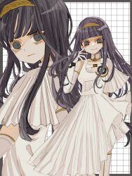 Rule 34 | 1girl, absurdres, artist name, black eyes, black hair, blunt bangs, closed mouth, detached collar removed, dress, dual persona, eyelashes, gloves, gnosia, hairband, han (hn-khk), highres, hime cut, long hair, looking at viewer, simple background, smile, solo, straight hair, white background, white dress, white gloves, yuriko (gnosia)