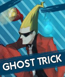 Rule 34 | 1boy, bad id, bad pixiv id, blonde hair, capcom, english text, formal, ghost, ghost trick, lamp, male focus, necktie, pointy hair, ray (ghost trick), sissel (ghost trick), sitting, solo, spirit, suit, sunglasses, yomiel (ghost trick)