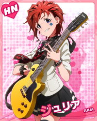 Rule 34 | 10s, 1girl, blue eyes, bracelet, character name, choker, electric guitar, guitar, idolmaster, idolmaster million live!, instrument, jewelry, julia (idolmaster), lapel pin, looking at viewer, necklace, necktie, official art, patterned necktie, plaid, plaid necktie, plaid neckwear, pleated skirt, punk, punk rock, red hair, school uniform, skirt, smile, star (symbol), thighhighs