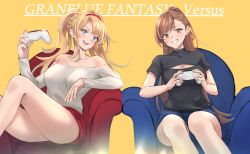 Rule 34 | 2girls, absurdres, bare shoulders, beatrix (granblue fantasy), black shirt, blonde hair, blue eyes, blue shorts, blush, breasts, brown eyes, brown hair, cleavage cutout, clothing cutout, collarbone, controller, copyright name, couch, dualshock, game controller, gamepad, granblue fantasy, grin, highres, large breasts, long hair, long sleeves, looking at viewer, multiple girls, off-shoulder shirt, off shoulder, open mouth, playstation controller, ponytail, red shorts, renzu (lens 02), shirt, short sleeves, shorts, simple background, sitting, smile, swept bangs, thighs, white shirt, yellow background, zeta (granblue fantasy)