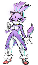 Rule 34 | 1girl, animal ears, blaze the cat, body fur, breasts, cat ears, cat tail, cleavage, forehead jewel, fur trim, furry, furry female, gloves, high ponytail, highres, long hair, maniacpaint, purple hair, sega, shoes, sneakers, solo, sonic (series), tail, yellow eyes