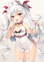 Rule 34 | 1girl, :d, azur lane, bandaid, bandaid on arm, bare shoulders, bat wings, beige background, bikini, bikini top only, black bikini, black panties, blush, breasts, chain, choker, collarbone, commentary request, cowboy shot, dress, fang, female focus, finger to mouth, fingernails, fujieda uzuki, garter straps, gluteal fold, gradient background, grey wings, hair between eyes, hair ribbon, hat, heart, highres, leaning forward, long hair, looking at viewer, low wings, metal wings, nurse cap, open mouth, panties, red choker, red eyes, red ribbon, ribbon, saliva, saliva trail, see-through, silver hair, sleeveless, sleeveless dress, small breasts, smile, solo, swimsuit, thighhighs, tongue, tongue out, twintails, underwear, vampire (azur lane), vampire (little devil in white) (azur lane), very long hair, white dress, white hat, white thighhighs, wings