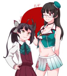 Rule 34 | 2girls, achii adachi, ahoge, alternate hairstyle, bad id, bad pixiv id, beret, black gloves, black hair, breasts, choukai (kancolle), circle, cleavage, dress, flat chest, fujinami (kancolle), glasses, gloves, hair ribbon, hat, height difference, kantai collection, long hair, medium breasts, midriff, multiple girls, one eye closed, pleated skirt, red eyes, remodel (kantai collection), ribbon, rimless eyewear, school uniform, shirt, side ponytail, skirt, sleeveless, sleeveless dress, smile, white background, white shirt, white skirt, yellow eyes