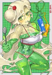 Rule 34 | 1girl, air bubble, artist name, bikini, blonde hair, blush, border, breasts, bubble, can, checkered background, cherry, cleavage, clenched teeth, collarbone, commentary request, drink can, drinking straw, food, fruit, green background, green eyes, grid background, highres, holding, holding spoon, ice, ice cream, ice cube, large breasts, light smile, long hair, looking at viewer, original, red bikini, sakoku (oyatsu3ji ), see-through body, soda, soda can, solo, spoon, striped bikini, striped clothes, swimsuit, teeth, vertical-striped bikini, vertical-striped clothes, very long hair, white border