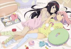 Rule 34 | 10s, 2girls, absurdres, akemi homura, bed sheet, black hair, blue eyes, blue thighhighs, blush, bottle, bow, bowl, candy, chemise, couple, cup, drink, dutch angle, eye contact, flat chest, food, frills, from above, fur trim, hair between eyes, hair down, hair ribbon, hair spread out, hairband, highres, holding hands, indoors, kaname madoka, legs, lingerie, long hair, looking at another, loose socks, loose thighhigh, lying, mahou shoujo madoka magica, mahou shoujo madoka magica (anime), makeup, midriff, motoyawata chuuzou, multiple girls, navel, official art, on back, on bed, on side, open clothes, open shirt, pajamas, perfume bottle, pillow, pink eyes, pink hair, purple eyes, ribbon, scan, shirt, short shorts, shorts, smile, sock pull, socks, spoon, steam, strap slip, tea, teacup, teapot, thighhighs, time paradox, tray, underwear, underwear only, untied, very long hair, white legwear, yellow legwear, yuri
