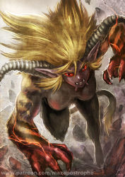 Rule 34 | 1girl, artist name, blonde hair, claws, clenched teeth, colored sclera, eyebrows, fangs, horns, maxa&#039;, monster girl, monster hunter (series), muscle, muscular, muscular female, pointy ears, rajang, red eyes, red sclera, rubble, sidelocks, tail, teeth