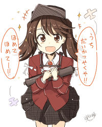 Rule 34 | 10s, 1girl, brown eyes, brown hair, hat, kantai collection, looking at viewer, lowres, mashayuki, open mouth, ryuujou (kancolle), scroll, simple background, skirt, smile, solo, translation request, twintails, white background