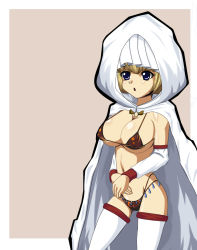 Rule 34 | 1girl, bikini, blonde hair, blue eyes, breasts, cleavage, covered erect nipples, demon&#039;s souls, detached sleeves, female focus, from software, hood, large breasts, lentigo, maiden astraea, robe, short hair, solo, swimsuit, thighhighs, white thighhighs