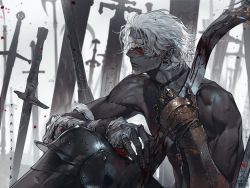 Rule 34 | 1boy, bandaged arm, bandages, beard, black choker, blindfold, blood from ears, choker, closed mouth, dark-skinned male, dark skin, facial hair, field of blades, fingernails, gauntlets, highres, holding, holding sword, holding weapon, jewelry, male focus, muscular, muscular male, original, pigeon666, planted, planted sword, planted weapon, pointy ears, ring, short hair, single gauntlet, sitting, solo, sword, veins, very dark skin, weapon, white hair