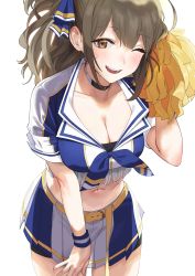 Rule 34 | 1girl, ;d, absurdres, ahoge, belt, blue shirt, blue skirt, blush, breasts, brown eyes, brown hair, cheerleader, choker, cleavage, clothing cutout, collarbone, commentary request, cowboy shot, crop top, dorontabi, hair between eyes, hand up, highres, holding, holding pom poms, huge filesize, idolmaster, idolmaster shiny colors, kuwayama chiyuki, large breasts, leaning forward, long hair, looking at viewer, midriff, navel, navel cutout, one eye closed, open mouth, partial commentary, pom pom (cheerleading), pom poms, ponytail, shirt, short sleeves, sidelocks, simple background, skirt, smile, solo, standing, sweat, teeth, two-tone shirt, two-tone skirt, upper teeth only, white background, white shirt, white skirt, wristband, yellow belt