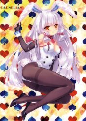 Rule 34 | 10s, 1girl, absurdres, adapted costume, animal ears, ass, bare shoulders, black gloves, black pantyhose, blush, breasts, buttons, carnelian, cleavage, detached collar, elbow gloves, fake animal ears, fingerless gloves, full body, gloves, gradient background, grey hair, headgear, high heels, highres, kantai collection, legs, leotard, long hair, low twintails, murakumo (kancolle), murakumo kai ni (kancolle), pantyhose, playboy bunny, polka dot, polka dot background, rabbit ears, rabbit tail, short twintails, solo, striped, striped background, tail, thighband pantyhose, twintails, two side up, wrist cuffs, yellow eyes