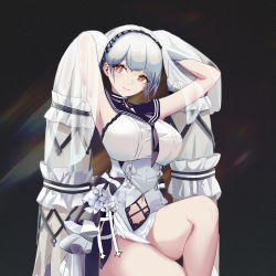 Rule 34 | 1girl, armpits, arms behind head, azur lane, bare legs, black choker, black neckerchief, black ribbon, black sailor collar, breasts, choker, clothing cutout, dress, formidable (azur lane), formidable (timeless classics) (azur lane), hair ornament, highres, huangmao, impossible clothes, impossible dress, large breasts, leg up, legs, long hair, navel, navel cutout, neck ribbon, neckerchief, official alternate costume, red eyes, ribbon, sailor collar, see-through, smile, solo, thighs, twintails, veil, very long hair, white dress, white hair