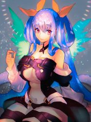 Rule 34 | 1girl, absurdres, angel wings, asymmetrical wings, bare shoulders, belt, blue hair, breasts, center opening, choker, cleavage, closed mouth, detached sleeves, dizzy (guilty gear), grey background, guilty gear, guilty gear x, guilty gear xx, hair ribbon, hair rings, highres, light, long hair, long sleeves, looking at viewer, midriff, monster girl, navel, puffy long sleeves, puffy sleeves, red eyes, ribbon, simple background, sitting, smile, solo, star (sky), star (symbol), stomach, tail, thigh strap, thighs, twintails, underboob, very long hair, wings, yellow ribbon, yohane shimizu