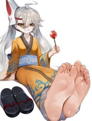 Rule 34 | 1girl, ahoge, barefoot, dokomon, feet, foot focus, girls&#039; frontline, grin, hair between eyes, highres, japanese clothes, kimono, long hair, mask, mask on head, pkp (girls&#039; frontline), sandals, simple background, smile, soles, toes, twintails, unworn sandals, white background, yellow eyes, yukata, zouri