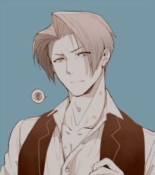 Rule 34 | 1boy, ace attorney, chizuma, eyes visible through hair, hand up, hickey, looking at viewer, male focus, miles edgeworth, open clothes, open collar, open vest, parted bangs, partially colored, solo, speech bubble, vest