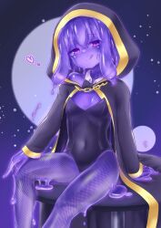 Rule 34 | 1girl, black leotard, breasts, closed mouth, commission, covered navel, curss, fishnet pantyhose, fishnets, heart, highres, leotard, licking lips, long sleeves, looking at viewer, monster girl, original, pantyhose, purple eyes, purple hair, short hair, sitting, skeb commission, slime (substance), slime girl, small breasts, solo, tongue, tongue out