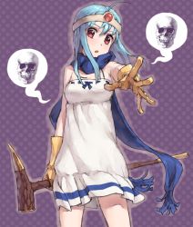 Rule 34 | 1girl, bad id, bad pixiv id, blue hair, chunsoft, circlet, dragon quest, dragon quest iii, dress, enix, gloves, looking at viewer, outstretched hand, red eyes, sage (dq3), scarf, shoe-ji, skull, solo, staff
