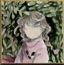 Rule 34 | 1girl, border, braid, branch, brown hair, bush, commentary request, faceless, faceless female, facing viewer, floating hair, highres, koto (patina375887), leaf, long hair, madotsuki, noppera-bou, painting (medium), photo-referenced, pink sweater, print sweater, red skirt, shikishi, skirt, solo, straight-on, sweater, traditional media, turtleneck, turtleneck sweater, twin braids, upper body, watercolor (medium), wind, wind lift, yellow border, yume nikki