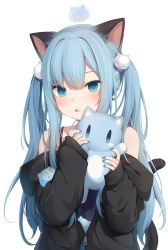 Rule 34 | 1girl, amashiro natsuki, animal ears, bare shoulders, black jacket, blue eyes, blue hair, blue nails, blush, cat ears, cat girl, cat tail, commentary, hair between eyes, hair ornament, highres, holding, jacket, long hair, long sleeves, looking at viewer, nail polish, nekoha shizuku, off-shoulder jacket, off shoulder, open mouth, original, simple background, sleeves past wrists, solo, stuffed animal, stuffed cat, stuffed toy, tail, upper body, very long hair, white background
