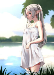 Rule 34 | 1girl, bare shoulders, blush, breasts, cleavage, commentary request, covered erect nipples, dress, drop earrings, earrings, frieren, green eyes, highres, jewelry, long hair, looking at viewer, osuzu akiomi, outdoors, parted bangs, partially submerged, pointy ears, river, sleeveless, sleeveless dress, small breasts, smile, solo, sousou no frieren, twintails, wet, white dress, white hair