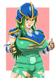 Rule 34 | 1girl, armor, blush, breast expansion, breasts, bursting breasts, curvy, fire emblem, fire emblem: path of radiance, fire emblem: radiant dawn, green eyes, green hair, helmet, huge breasts, intelligent systems, lips, long hair, nephenee, nephenee (fire emblem), nintendo, open mouth, solo, thick thighs, thighs, torn clothes, vdia