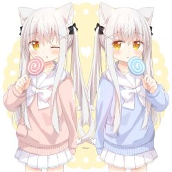 Rule 34 | 2girls, ;p, animal ear fluff, animal ears, black bow, blue shirt, blush, bow, brown eyes, candy, cat ears, cat girl, cat tail, closed mouth, collarbone, commentary request, food, grey hair, hair between eyes, hair bow, hair ornament, hairclip, highres, holding, holding candy, holding food, holding lollipop, intertwined tails, lollipop, long hair, long sleeves, multiple girls, nakkar, one eye closed, original, parted lips, pink skirt, pleated skirt, puffy long sleeves, puffy sleeves, sailor collar, school uniform, serafuku, shirt, skirt, sleeves past wrists, smile, swirl lollipop, tail, tongue, tongue out, twintails, very long hair, white bow, white sailor collar, white skirt, x hair ornament