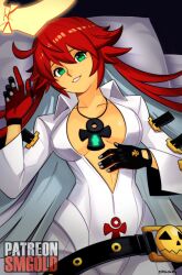 Rule 34 | ankh, ankh necklace, ball and chain restraint, bed, bell-bottoms, bodysuit, breasts, broken halo, curvy, green eyes, guilty gear, guilty gear strive, halo, highres, jack-o&#039; valentine, looking at viewer, multiple boys, pants, pumpkin mask, red hair, skull belt, smgold, spiked halo, white bodysuit, white hair