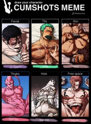 Rule 34 | 6+boys, abs, absurdres, after anal, after fellatio, after pecjob, aftersex, anal, ass, bandana, bara, beard, black eyes, black hair, black nails, blush, bound, bound wrists, character name, cloaca, colored skin, completely nude, cowboy shot, cum, cum in ass, cum in mouth, cum on ass, cum on body, cum on legs, cum on male, cum on pectorals, dark-skinned male, dark skin, dorohedoro, dragon ball, dragonball z, draw your character cumshots (meme), english text, erection, extra eyes, extra mouth, facial hair, facial tattoo, feet out of frame, from above, from behind, full beard, gag, goatee, golden kamuy, grabbing, hair slicked back, highres, hole (dorohedoro), improvised gag, jujutsu kaisen, large pectorals, licking, licking cum, licking lips, long sideburns, looking at viewer, majin buu, male focus, male penetrated, mature male, meme, monster boy, multiple boys, muscular, muscular male, mustache, navel, nipples, nude, one piece, pectoral bondage, pectoral grab, pectorals, probe, prone bone, red eyes, red rope, reverse newhalf, rope, roronoa zoro, ryoumen sukuna (jujutsu kaisen), ryoumen sukuna (true form) (jujutsu kaisen), scar, scar across eye, seductive smile, sex, sex from behind, shibari, short hair, shoulder tattoo, sideburns, sideburns stubble, smile, smokerichi, spikes, stomach, stomach mouth, stubble, super buu, tanba (dorohedoro), tattoo, thick beard, thick eyebrows, thick thighs, thighs, tongue, tongue out, tsurumi tokushirou, uncensored, upper body, white skin, yaoi
