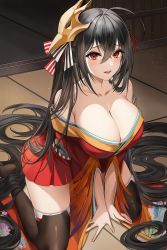 Rule 34 | 1girl, absurdres, ahoge, azur lane, bad id, bad twitter id, bare shoulders, black hair, black thighhighs, breasts, cleavage, collarbone, feather-trimmed sleeves, foot out of frame, hair between eyes, hair ornament, hair ribbon, highres, japanese clothes, kimono, kneeling, large breasts, lillly, long hair, mask, mask on head, no shoes, obi, on floor, open mouth, red eyes, red kimono, red ribbon, ribbon, sash, short kimono, solo, taihou (azur lane), teeth, tengu mask, thighhighs, upper teeth only, very long hair, zettai ryouiki