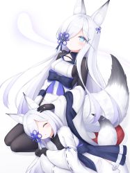Rule 34 | 2girls, absurdres, animal ear fluff, animal ears, azur lane, black bodysuit, blue eyes, bodysuit, bodysuit under clothes, breasts, closed mouth, commentary request, dual persona, fox ears, fox tail, hair over one eye, highres, japanese clothes, kasumi (azur lane), kasumi (retrofit) (azur lane), kimono, lap pillow, long hair, long sleeves, medium breasts, multiple girls, retrofit (azur lane), silver hair, simple background, smile, swept bangs, tail, vldjm13, white background, white kimono, wide sleeves