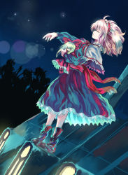 Rule 34 | 1girl, alice margatroid, ankle boots, blonde hair, boots, capelet, doll, dutch angle, closed eyes, female focus, floating hair, hairband, holding, kusanagi kikoku, night, night sky, outdoors, outstretched arm, ribbon, rooftop, shanghai doll, skirt, sky, solo, touhou, wind