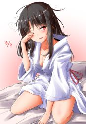 Rule 34 | 1girl, arm support, bed, black hair, blush, breasts, cleavage, collarbone, commentary request, dated, gradient background, hakurei reimu, hand up, head tilt, highres, long hair, long sleeves, looking at viewer, medium breasts, messy hair, open mouth, oshiaki, outline, pink background, red eyes, red ribbon, ribbon, robe, rubbing eyes, seiza, shadow, sidelocks, sitting, solo, thighs, touhou, white background, white outline, white robe, wide sleeves