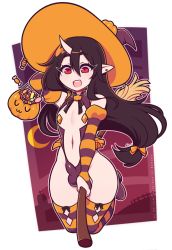 Rule 34 | 1boy, black hair, broom, bulge, crossdressing, earrings, halloween, hat, highres, horns, jewelry, long hair, male focus, open mouth, original, pasties, pointy ears, pumpkin, re-sublimity-kun, red eyes, solo, striped clothes, striped thighhighs, thighhighs, trap, witch hat
