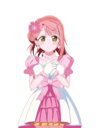 Rule 34 | 1girl, artist name, artist request, awakening promise (love live!), belt, blush, bow, braid, braided bun, breasts, cleavage, collarbone, dress, dress bow, earrings, female focus, flower, frilled dress, frilled skirt, frills, gloves, green eyes, hair bun, hair flower, hair ornament, highres, jewelry, looking at viewer, love live!, love live! nijigasaki high school idol club, love live! school idol festival, miniskirt, necklace, orange hair, own hands together, parted lips, pearl earrings, pearl necklace, pink belt, pink bow, pink dress, pink flower, pink skirt, pink wrist cuffs, plaid, plaid dress, plaid skirt, pleated, pleated dress, pleated skirt, puffy short sleeves, puffy sleeves, red hair, short hair, short sleeves, side bun, single side bun, skirt, skirt under dress, small breasts, smile, solo, two-tone dress, uehara ayumu, white background, white dress, white gloves, wrist cuffs, yellow eyes, yellow skirt