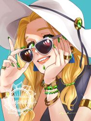 Rule 34 | 1girl, biting own lip, blonde hair, bracelet, fate/grand order, fate (series), green eyes, green nails, hat, highres, ishiyaki moimo, jewelry, lips, nail polish, portrait, quetzalcoatl (fate), ring, smile, solo, sunglasses