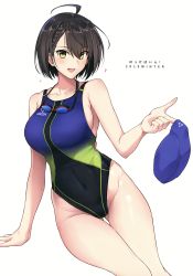 Rule 34 | 1girl, absurdres, ahoge, arm support, azur lane, baltimore (azur lane), bare arms, bare shoulders, blush, braid, breasts, brown hair, collarbone, competition swimsuit, covered navel, goggles, goggles around neck, groin, hair between eyes, halcon, heart, highleg, highleg swimsuit, highres, holding, large breasts, looking at viewer, multicolored clothes, multicolored swimsuit, one-piece swimsuit, open mouth, scan, shiny skin, short hair, simple background, sitting, skindentation, smile, solo, swim cap, swimsuit, thighs, white background, yellow eyes