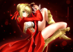 Rule 34 | 10s, 1girl, ahoge, armored boots, blonde hair, boots, breasts, corset, fate/extra, fate (series), full body, green eyes, hair ribbon, lens flare, looking at viewer, medium breasts, nero claudius (fate), nero claudius (fate) (all), nero claudius (fate/extra), petals, red ribbon, red skirt, red sleeves, ribbon, see-through, shiny skin, short hair, shrug (clothing), sideboob, skirt, smile, solo, yellow footwear, yuuk33