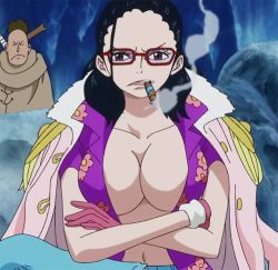 Rule 34 | 1girl, animated, animated gif, black hair, breasts, cigar, cleavage, crossed arms, epaulettes, glasses, gloves, jacket, jacket on shoulders, large breasts, lowres, one piece, open clothes, open shirt, personality switch, punk hazard, screencap, shirt, smoker (one piece), smoking, tashigi