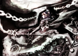 Rule 34 | 1girl, bad id, bad pixiv id, blue hair, chain, female focus, hat, mifuru, monochrome, purple theme, red eyes, remilia scarlet, short hair, solo, spot color, touhou, weapon, wings