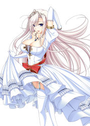 Rule 34 | 1girl, blue eyes, breasts, charlotte hazellink, cleavage, clothes lift, dress, dress lift, elbow gloves, female focus, gloves, jewelry, komori kei, large breasts, long hair, necklace, pink hair, princess lover, skirt, skirt lift, smile, solo, thighhighs, tiara, white background, white gloves, white thighhighs